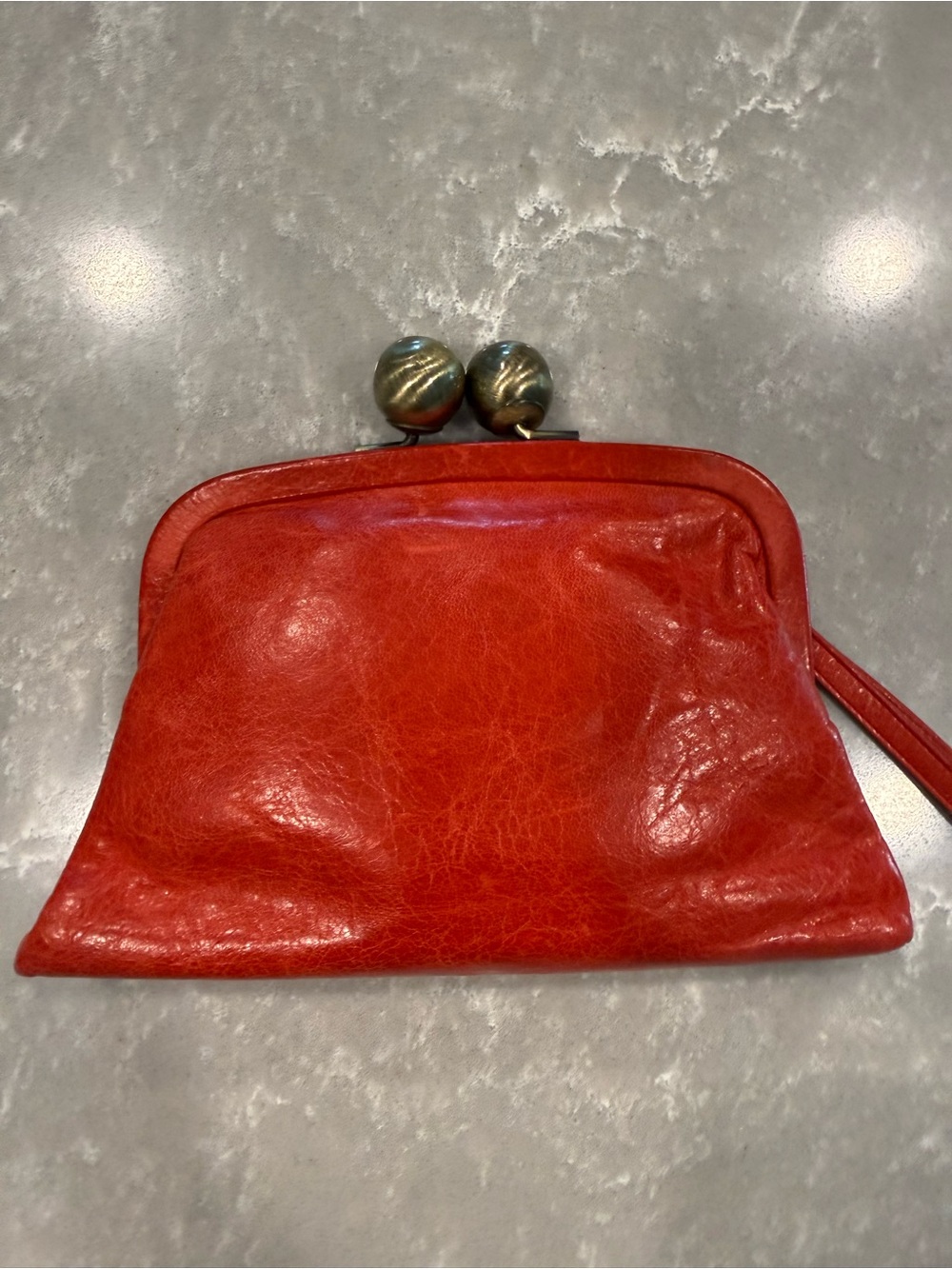 Trina Turk Red Leather Gold Kiss Lock Clutch Wristlet Oversized Ball Closure - Picture 11 of 11